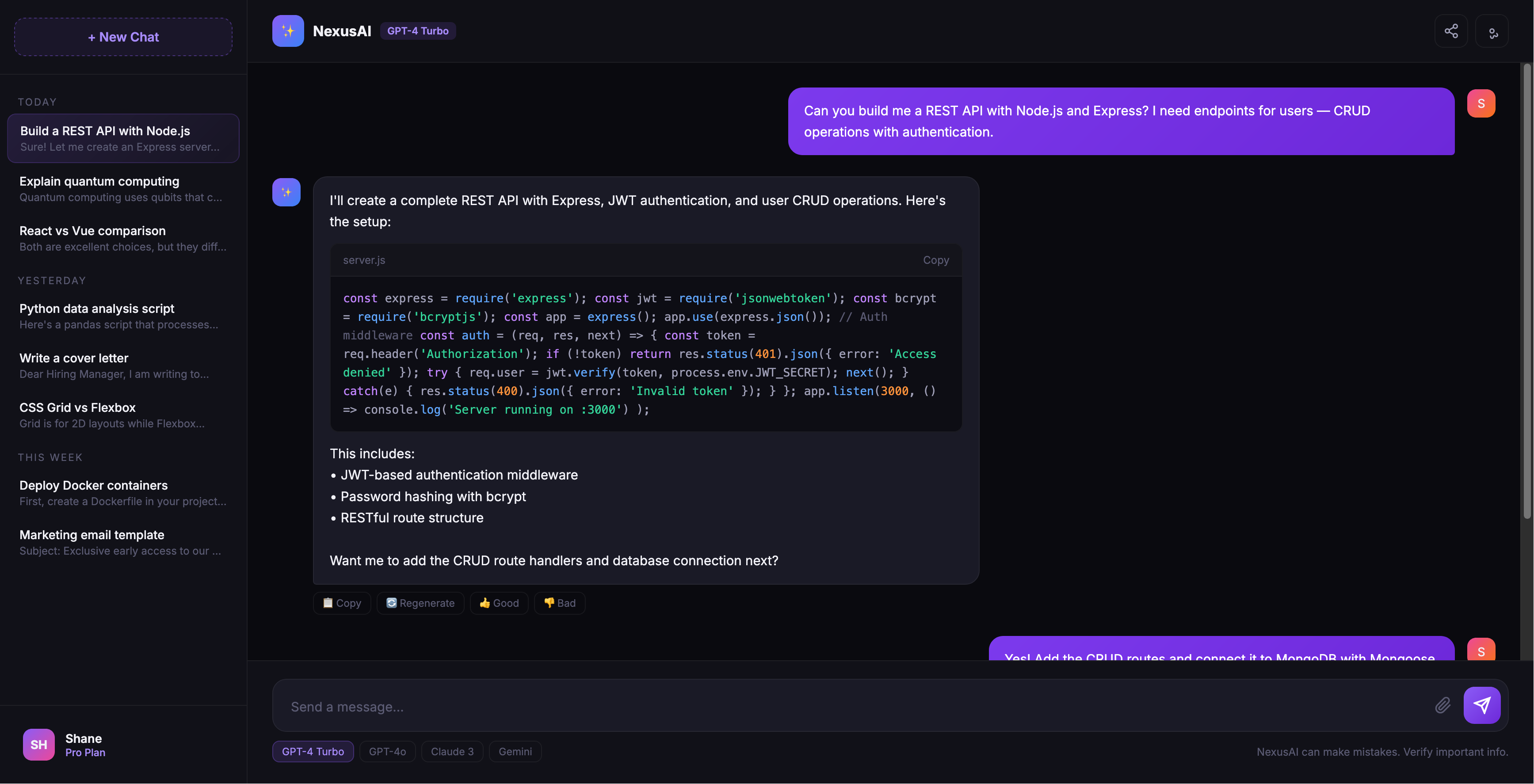 NexusAI chat interface