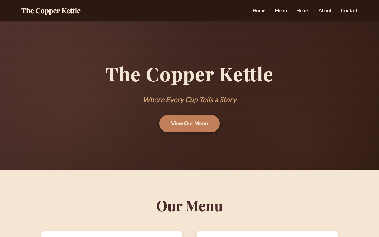 The Copper Kettle coffee shop website